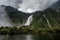 Waterfalls in Milford Sound in New Zealand