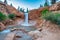 Waterfalls in Mossy Cave Trail at sunset, Bryce Canyon National Park in summer season