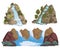 Waterfalls set. Cartoon landscapes with mountains and trees.