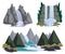 Waterfalls set. Cartoon landscapes with mountains and trees.