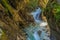 Waterfalls Stanghe Gilfenklamm localed near Racines, Bolzano in South Tyrol, Italy. Wooden bridges and runways lead through the