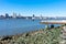 Waterfront along the Hudson River in Lincoln Square of New York City with a Clear Blue Sky