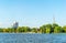 Waterfront of the aussenalster lake in Hamburg dominated by heinrich herz tower, Germany