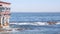 Waterfront beachfront cafe on piles or pillars, Monterey beach, California coast