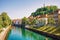 Waterfront of Ljubljanica River and Old castle Ljubljana Slovenia