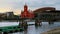 Waterfront at night in Cardiff, UK. Sunset colorful sky with Wales Millennium Center