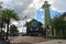 Waterfront restaurant, dockside bar with beatiful green lighthouse, in Disney Spring, Lake Buena Vista.