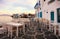 Waterfront tables, Mikonos Island, Greece