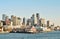 Waterfront views of Pier 70 in Seattle, Washington with the skyline in the background