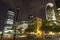 Waterfront walkway and view of the Exchange Place in Jersey City, New Jersey at night