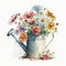 Watering Can with Beautiful Sping Flowers Watercolor, Isolated on White Background - Generative AI
