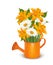Watering can with a bouquet of flowers.