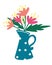 Watering can with a bouquet of flowers. Floral decor leaves. Garden blossom, good as card, banner or print poster. Fresh bouquet