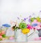 Watering can with colorful garden flowers on table, front view, gardening