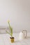 Watering can and daffodil in a pot. Gardening, Spring and Easter concept