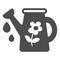 Watering can with flower and water drops solid icon, gardening concept, watering pot vector sign on white background