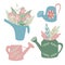 Watering can for flowers collection. Gardening can with leaves and flowers. gardening set. flat vector doodle illustration in