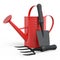 Watering can with garden tools like shovel, rake and fork on white background.