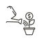 Watering can with a plant growing coin. Vector thin line icon for money growth, dollar sign, money growing on trees