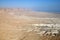 Waterless landscape of the Judea desert, view from Masada towards the Dead Sea, Israel