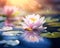 Waterlilly with lotus flower in a calm pond.