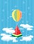 Watermelon in balloon flies in clouds. Element of design for sale promo, web banners. Watermelon abstract background