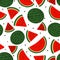 Watermelon bright red, full watermelon, triangle slices and seeds flat vector illustration over white seamless pattern