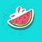 Watermelon cartoon sticker. Sweet fruit label. Patch and print for t-shirt, fabric, clothes. Menu item. Juice and summer