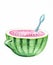 Watermelon cup with spoon watercolor illustration. Fresh watermelon juice cup.