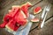 Watermelon cuts in bowl and cutlery