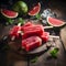 Watermelon cuts pieces on blue plate