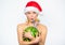 Watermelon dietary detox beverage. How to give your body basic detox. Girl attractive naked wear santa hat hug