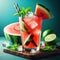Watermelon drink, mint leaves, sparkling water, chopped watermelon, ice, concept drinks