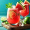 Watermelon drink, mint leaves, sparkling water, chopped watermelon, ice, concept drinks