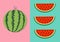 Watermelon fruit icon set. Round water melon. Red slice with seeds in a row. Cut half. Healthy food. Flat lay design. Pastel brigh