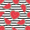 Watermelon hearts pattern with horizontal black stripes. Flat cartoon style. Minimalist, simple. Seamless vector.