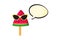 Watermelon ice cream in sunglasses, funny ice cream stick, cute girl character. Cold food, kids dessert vector icon. Summer