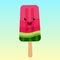 Watermelon ice cream vector icon in kawaii style. Funny frozen popsicle illustration