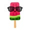 Watermelon ice cream vector icon in kawaii style in sunglasses. Frozen popsicle illustration