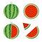 Watermelon icon set. Whole ripe green stem. Slice cut half seeds. Triangle. Green Red round fruit berry flesh peel. Healthy food.