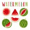 Watermelon illustration set with lettering, isolated on white background.