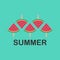 Watermelon inscription summer design watermelon slices on sticks, vector illustration on blue background. summer concept