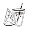 Watermelon and juice cup with straw cartoon in black and white