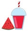 Watermelon juice in a disposable plastic red party cup with lid and straw and a wedge watermelon vector or color illustration
