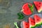 Watermelon juice top view over a dark stone background