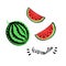 Watermelon lettering and red juicy slices of tasty watermelon with seed poster on white background.