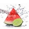 Watermelon, lime and water splash isolated
