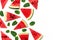 Watermelon pattern. Juicy slices of ripe red watermelon and mint leaves on white background. Flat lay, top view, copy space.