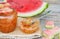 Watermelon peel jam in jars. Selective focus