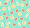 Watermelon, Pineapple and Orange Tropical Fruit Background Pattern. Vector